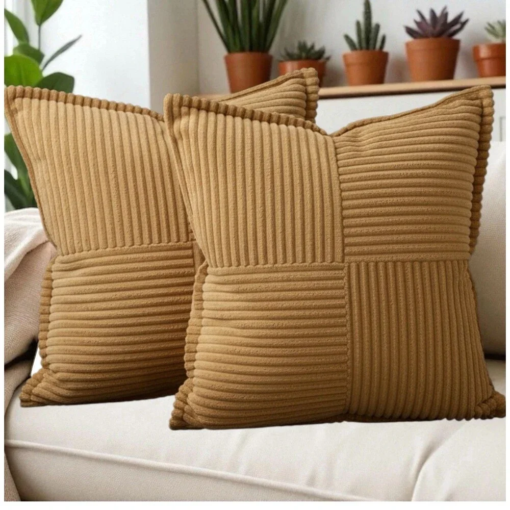 Set Of 2 Pillow Covers With Splicing. 18” X 18” Tan Soft Corduroy